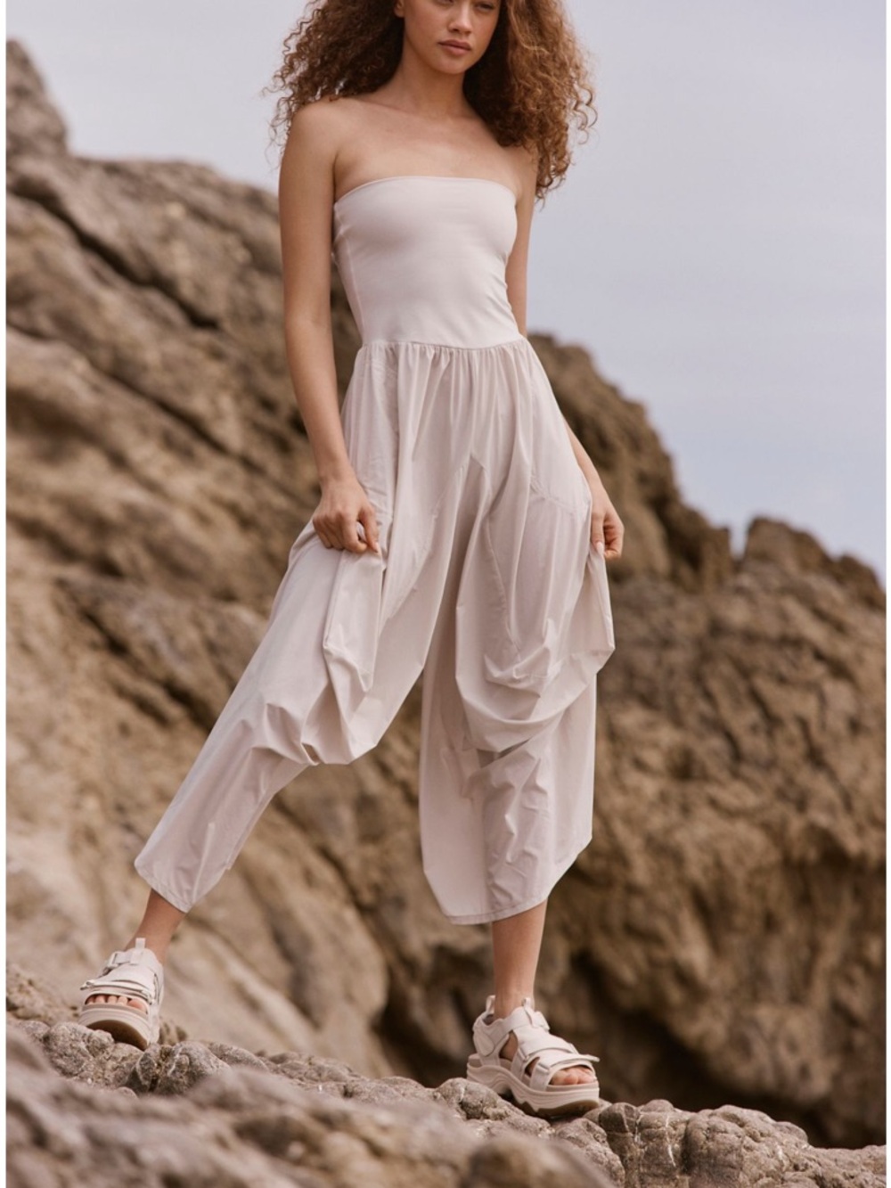 Free People Strapless Wide-Leg Jumpsuit in Light BLUE